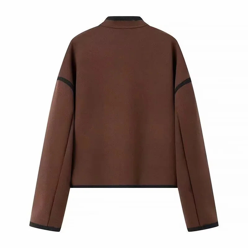 Contrast Piping Stand Collar Wool Jacket - Coffee