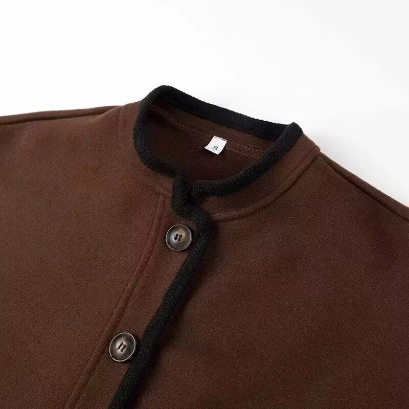 Contrast Piping Stand Collar Wool Jacket - Coffee - 1