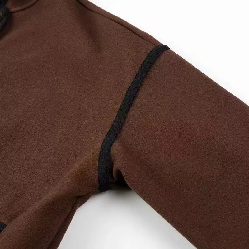 Contrast Piping Stand Collar Wool Jacket - Coffee - 2