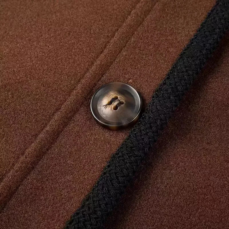 Contrast Piping Stand Collar Wool Jacket - Coffee - 3