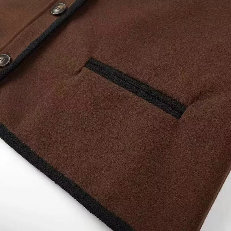 Contrast Piping Stand Collar Wool Jacket - Coffee - 7