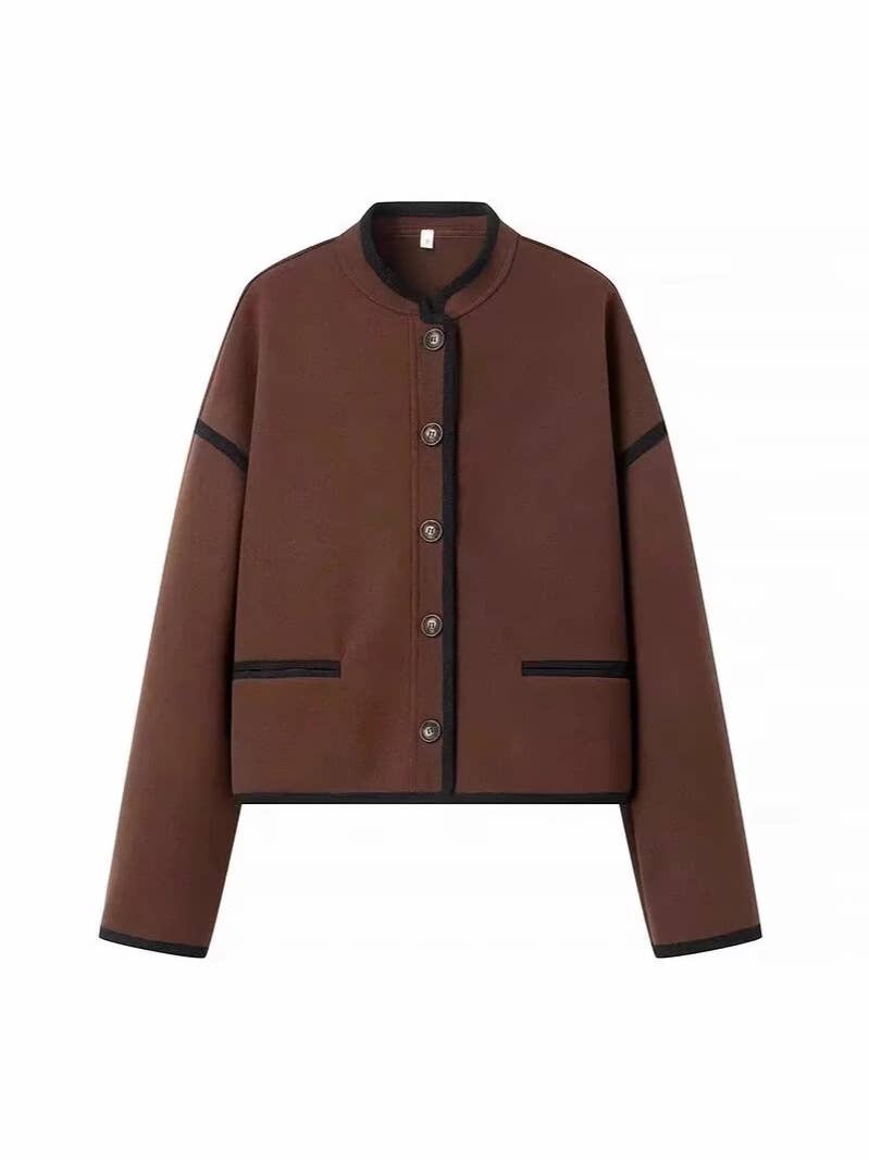 Contrast Piping Stand Collar Wool Jacket