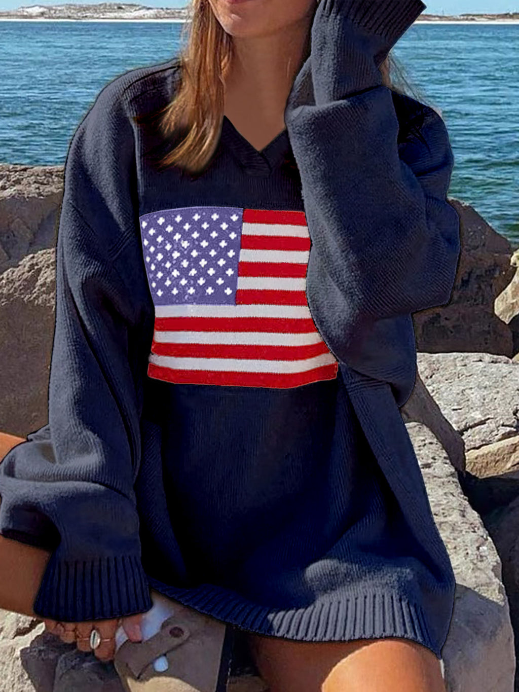Stars And Stripes V Neck Knit Sweater - Navy
