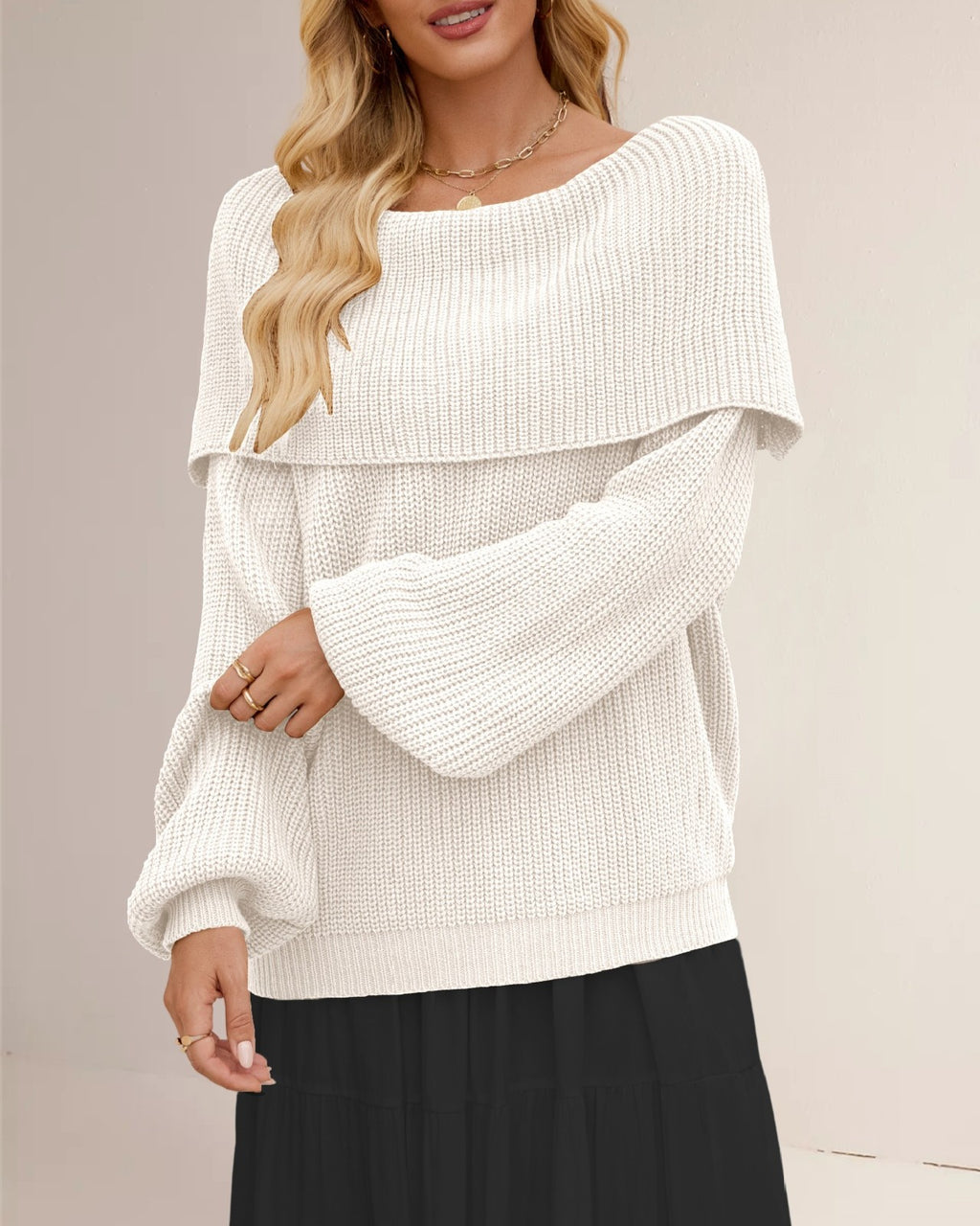 Fold Over Off Shoulder Ribbed Knit Sweater - Apricot
