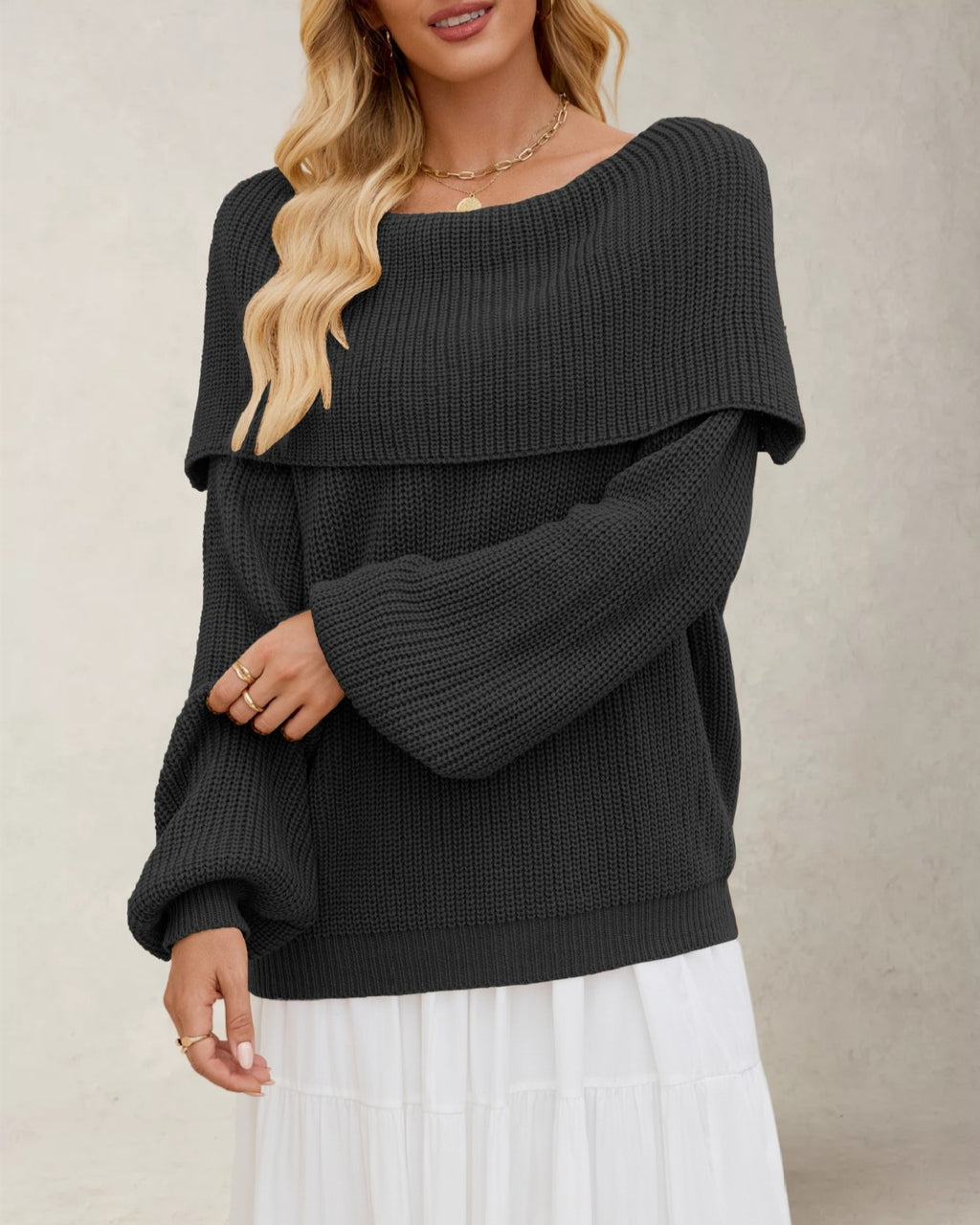 Fold Over Off Shoulder Ribbed Knit Sweater - Black