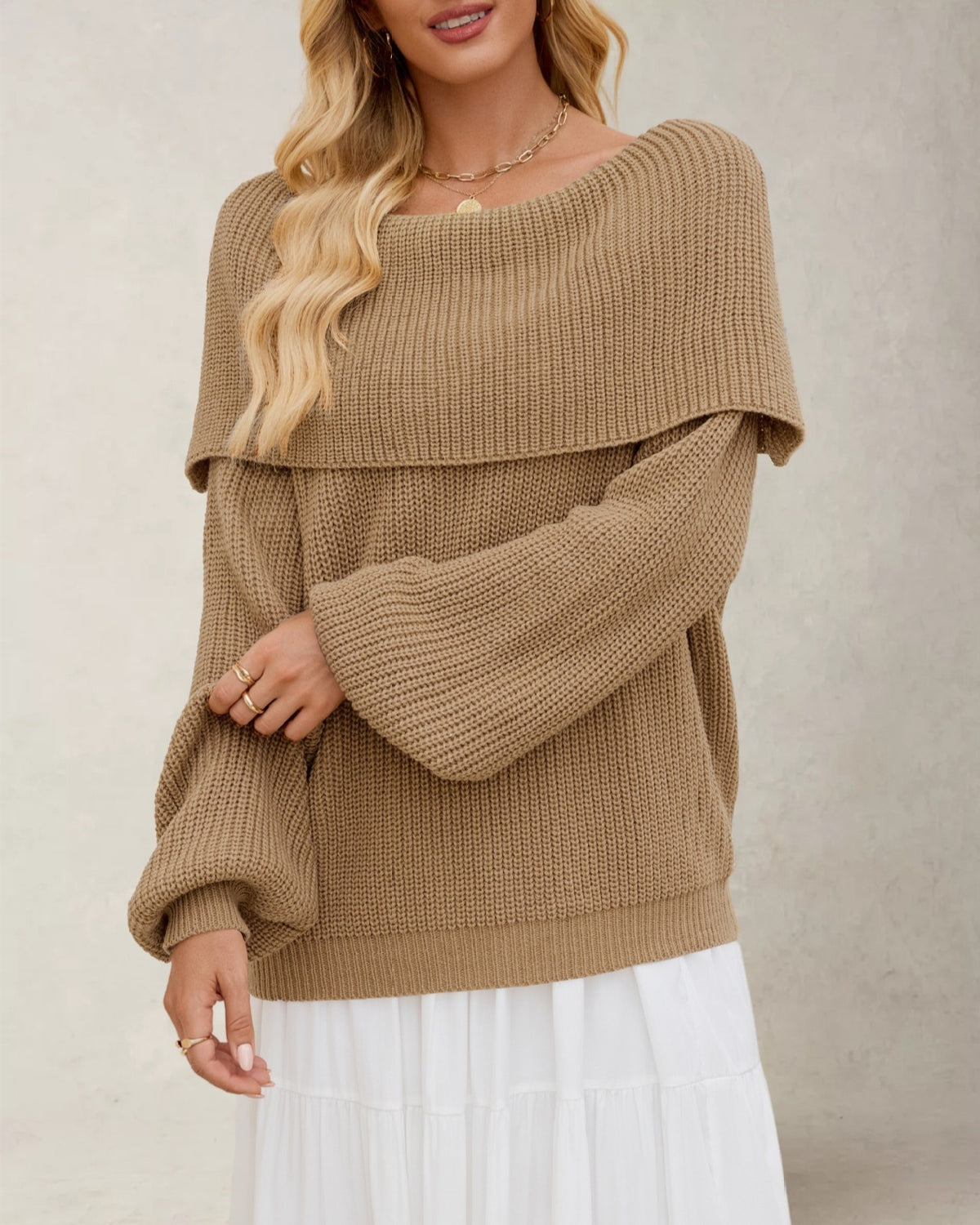Fold Over Off Shoulder Ribbed Knit Sweater - Khaki - 1