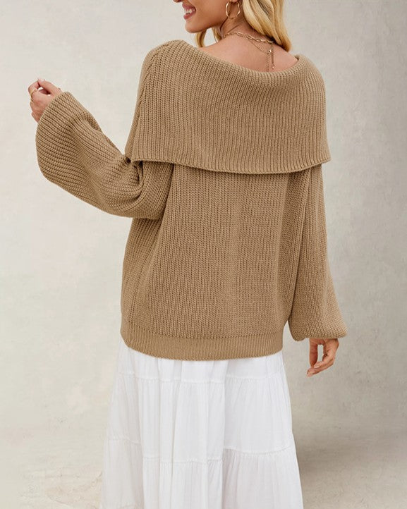 Fold Over Off Shoulder Ribbed Knit Sweater - Khaki - 2