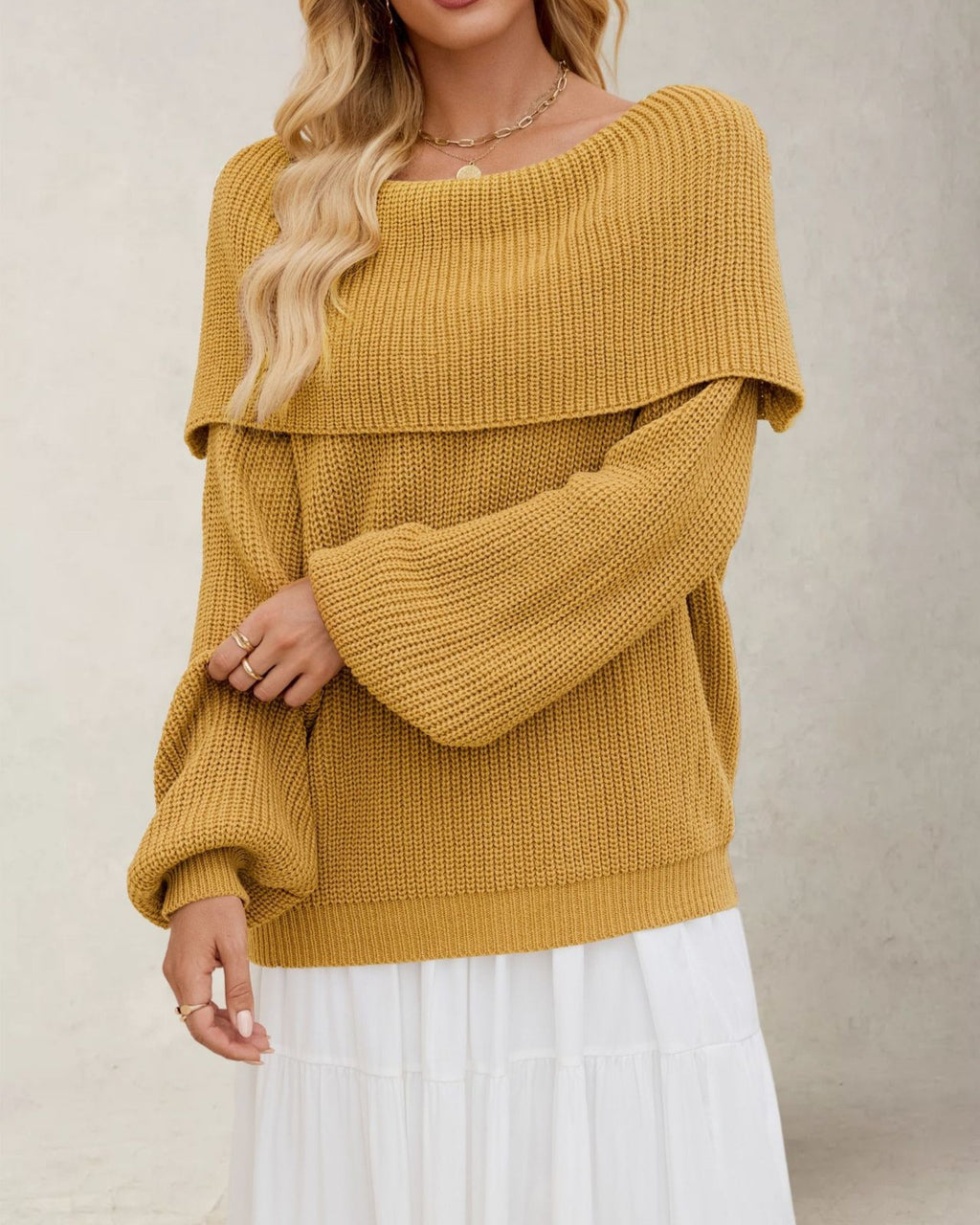 Fold Over Off Shoulder Ribbed Knit Sweater - Yellow