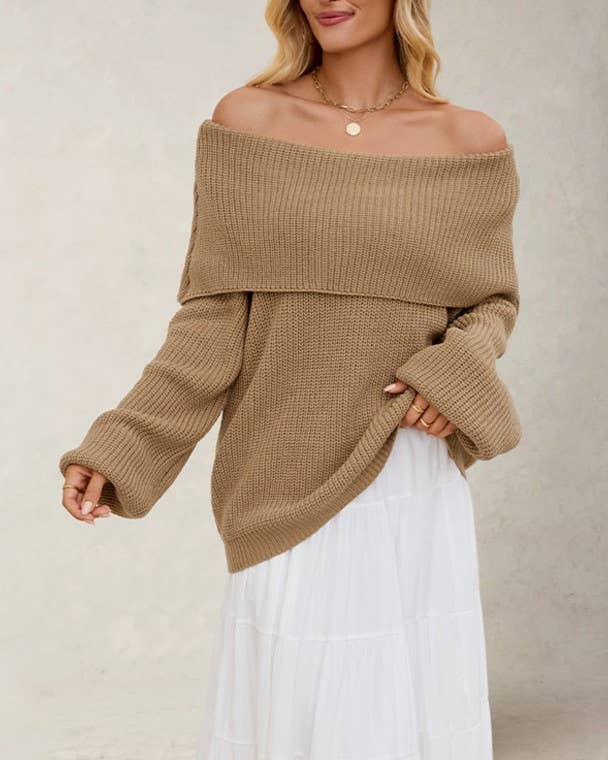 Fold Over Off Shoulder Ribbed Knit Sweater
