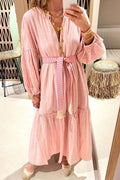 Boho Balloon Sleeve Tiered Maxi Dress - Pink