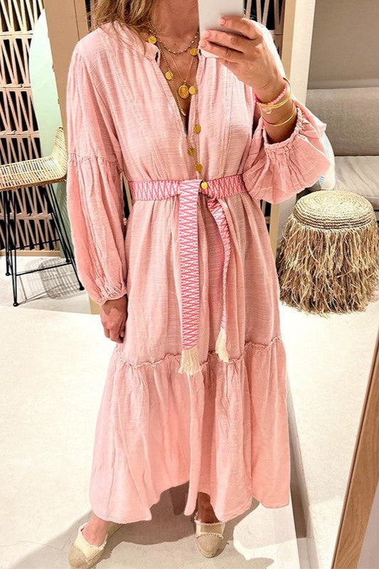 Boho Balloon Sleeve Tiered Maxi Dress - Pink