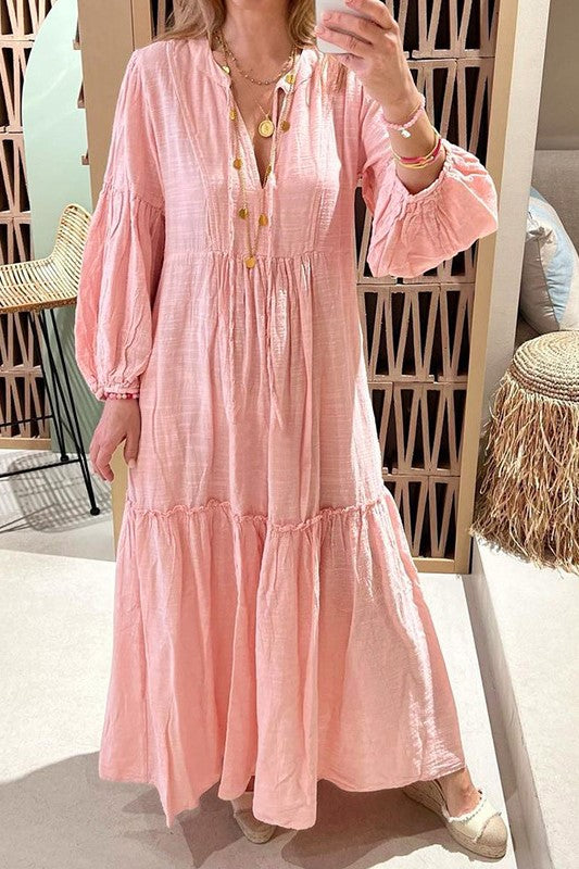 Boho Balloon Sleeve Tiered Maxi Dress - Pink - 1