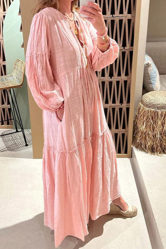 Boho Balloon Sleeve Tiered Maxi Dress - Pink - 2