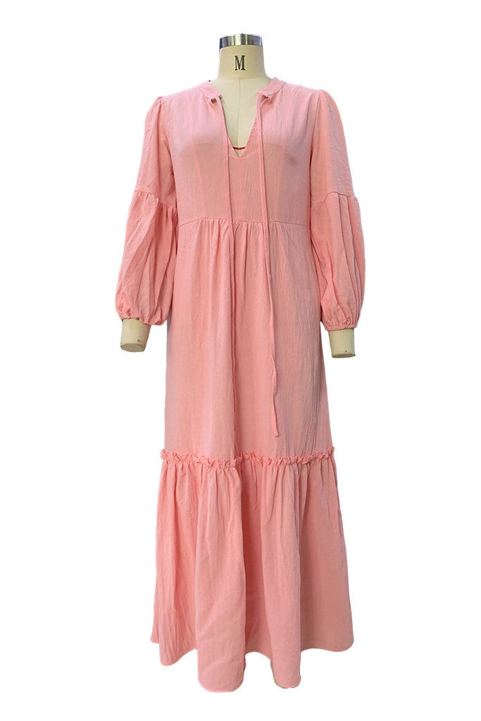 Boho Balloon Sleeve Tiered Maxi Dress - Pink - 4