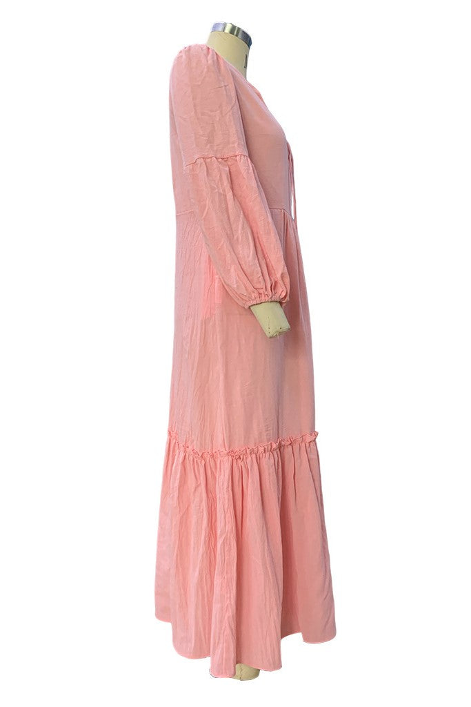 Boho Balloon Sleeve Tiered Maxi Dress - Pink - 6