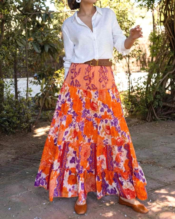 Bohemian Floral Tiered Maxi Skirt - Orange