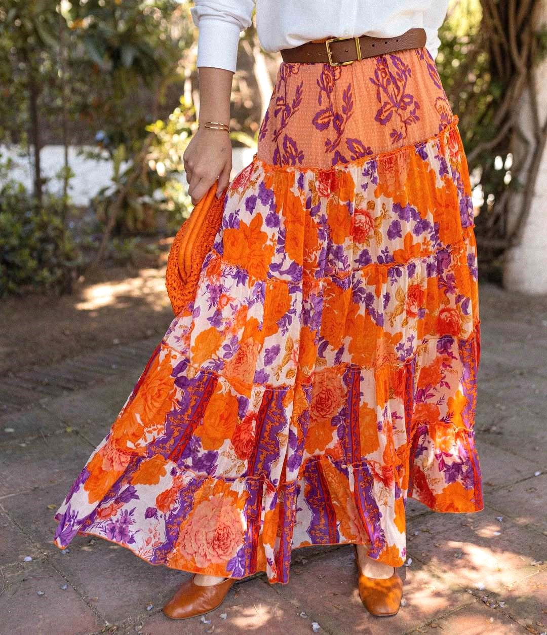 Bohemian Floral Tiered Maxi Skirt - Orange - 1