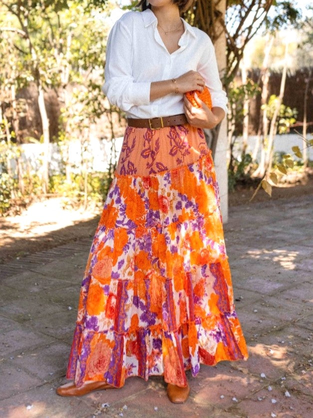 Bohemian Floral Tiered Maxi Skirt - Orange - 2