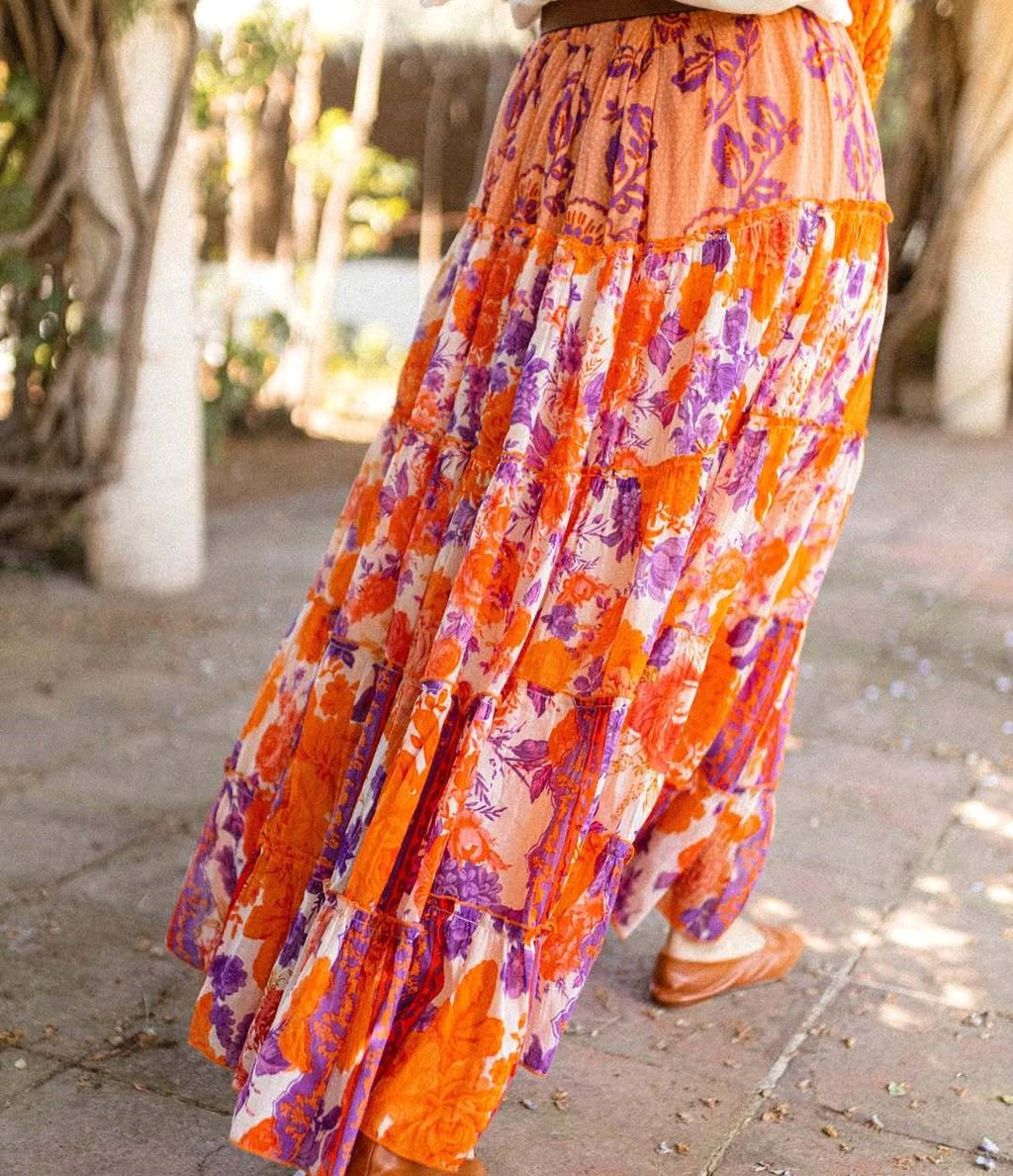 Bohemian Floral Tiered Maxi Skirt - Orange - 3