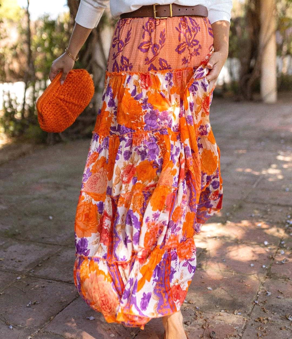 Bohemian Floral Tiered Maxi Skirt - Orange - 4