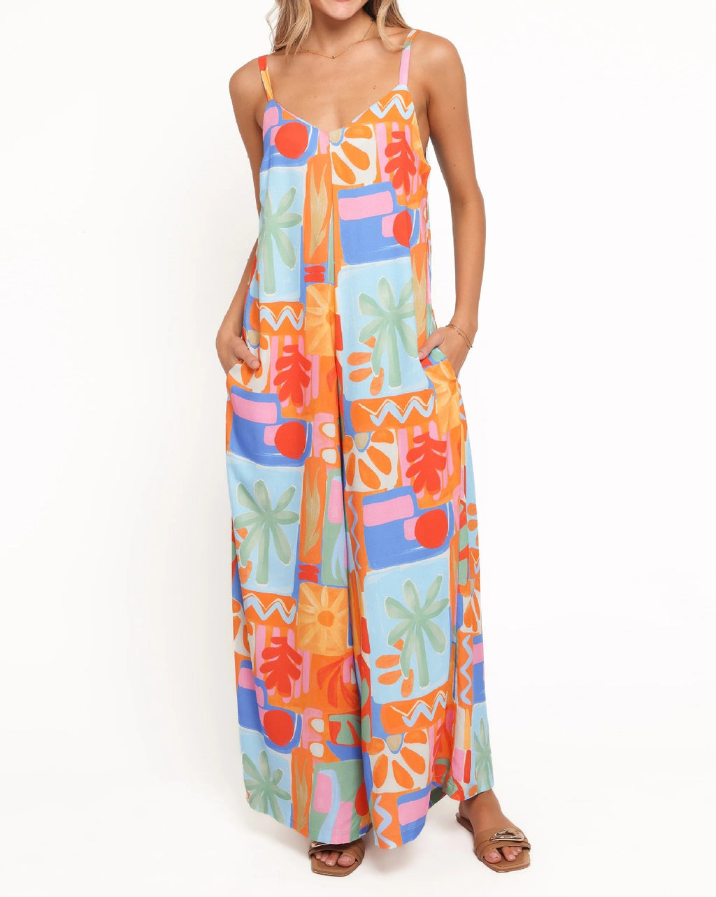 Tropical Print Wide Leg Cami Jumpsuit - Orange