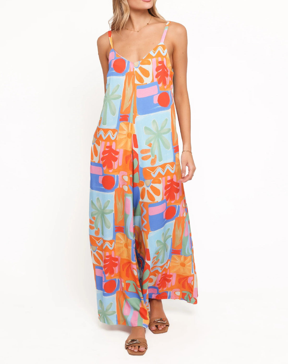 Tropical Print Wide Leg Cami Jumpsuit - Orange - 1
