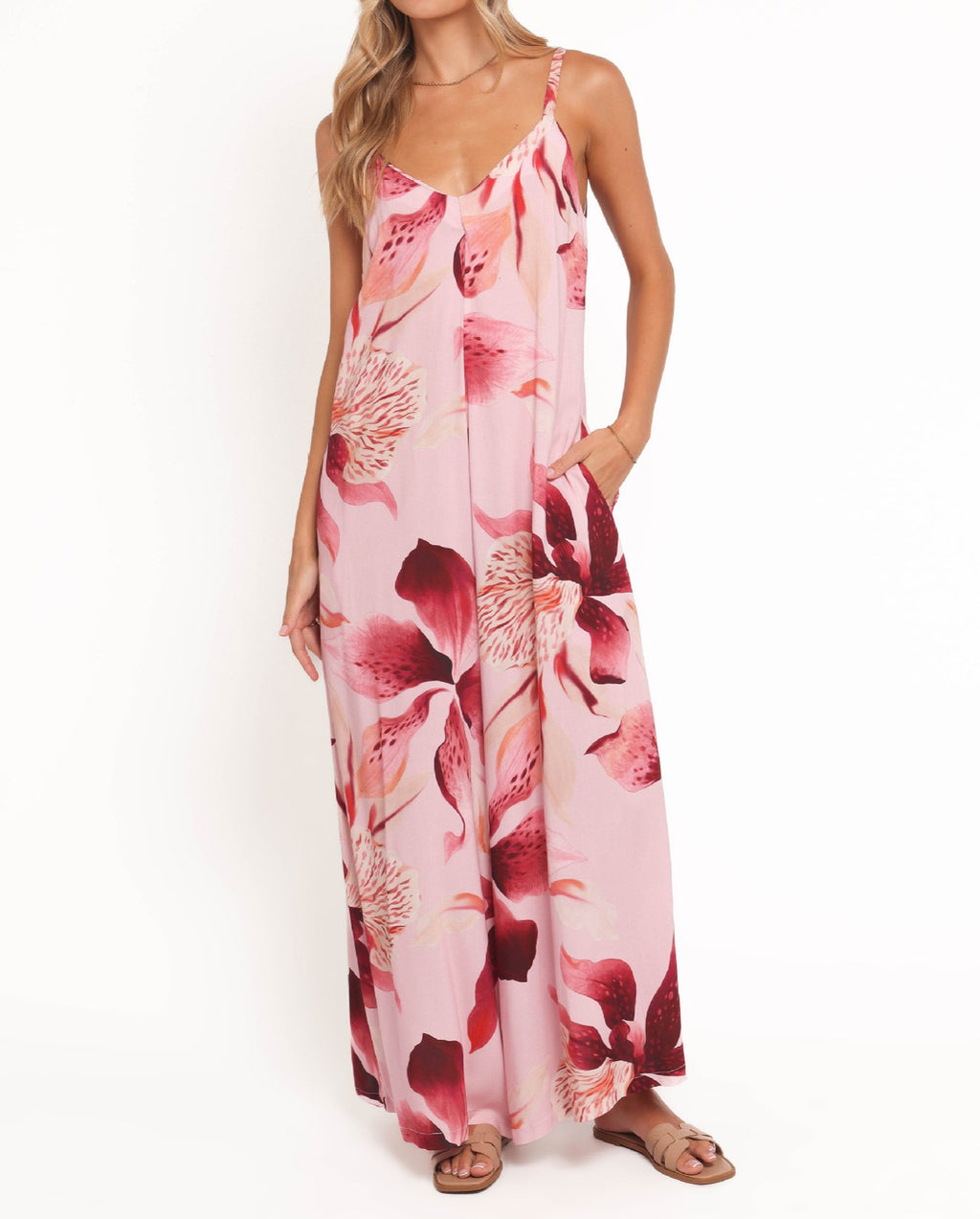 Tropical Print Wide Leg Cami Jumpsuit - Pink