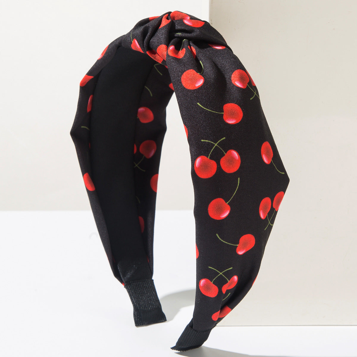Retro Cherry Fruit Print Twist Headband - Black