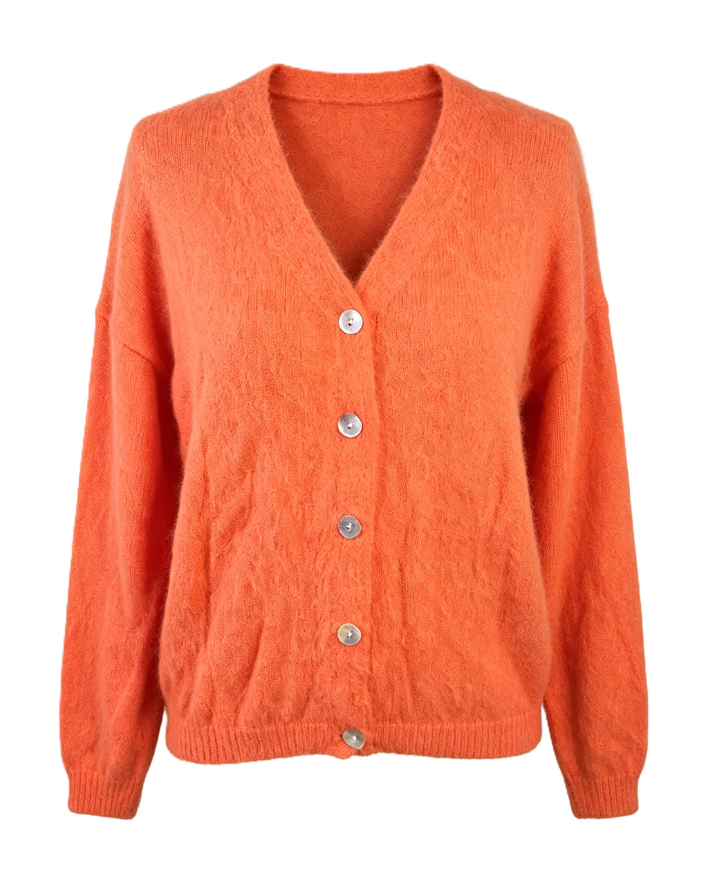 Fluffy Knit Button Cardigan with Puff Sleeves - Orange - 1