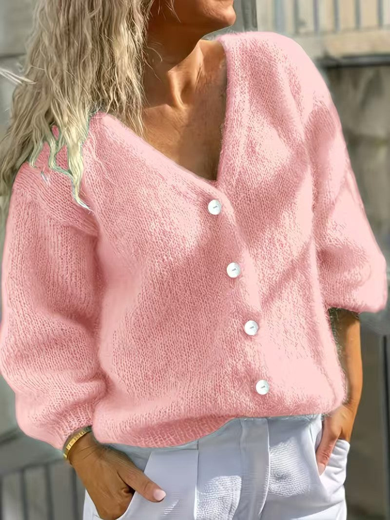 Fluffy Knit Button Cardigan with Puff Sleeves - Pink - 1