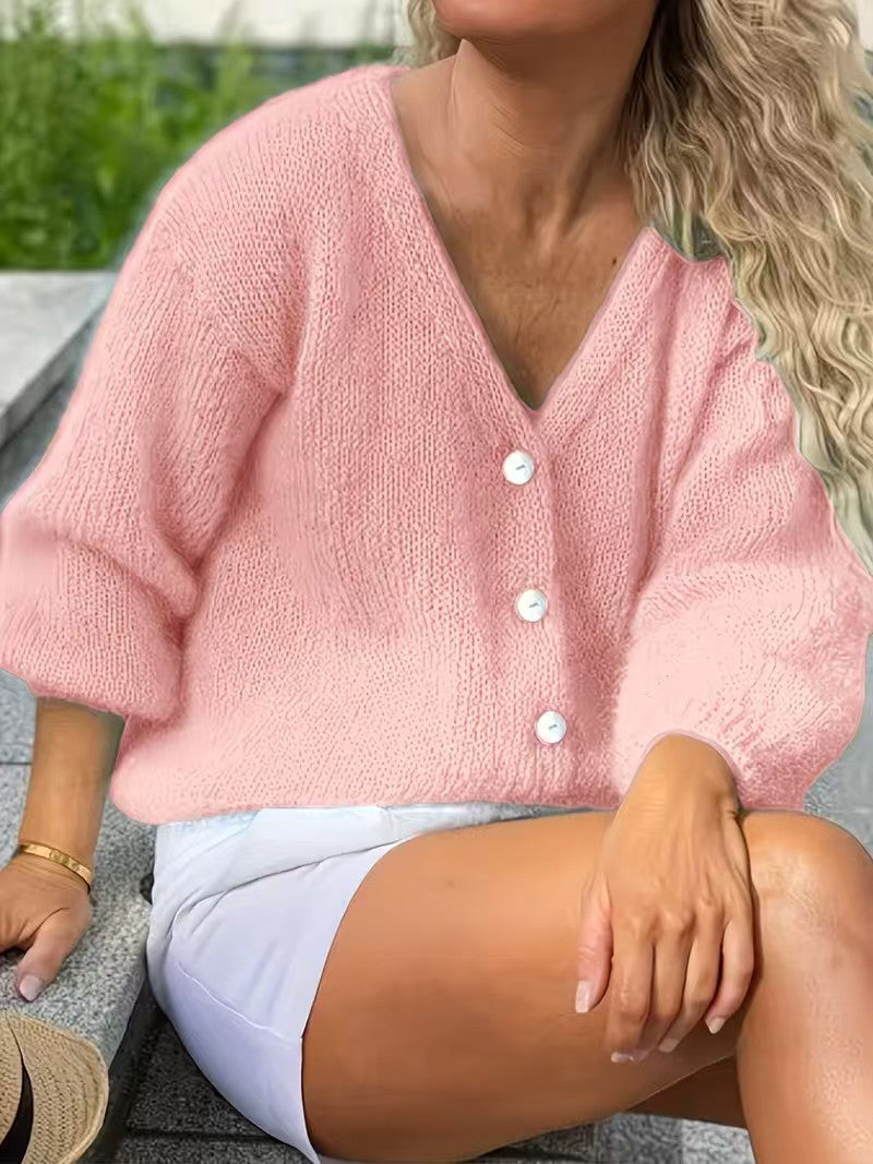 Fluffy Knit Button Cardigan with Puff Sleeves - Pink - 2