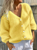 Fluffy Knit Button Cardigan with Puff Sleeves - Yellow
