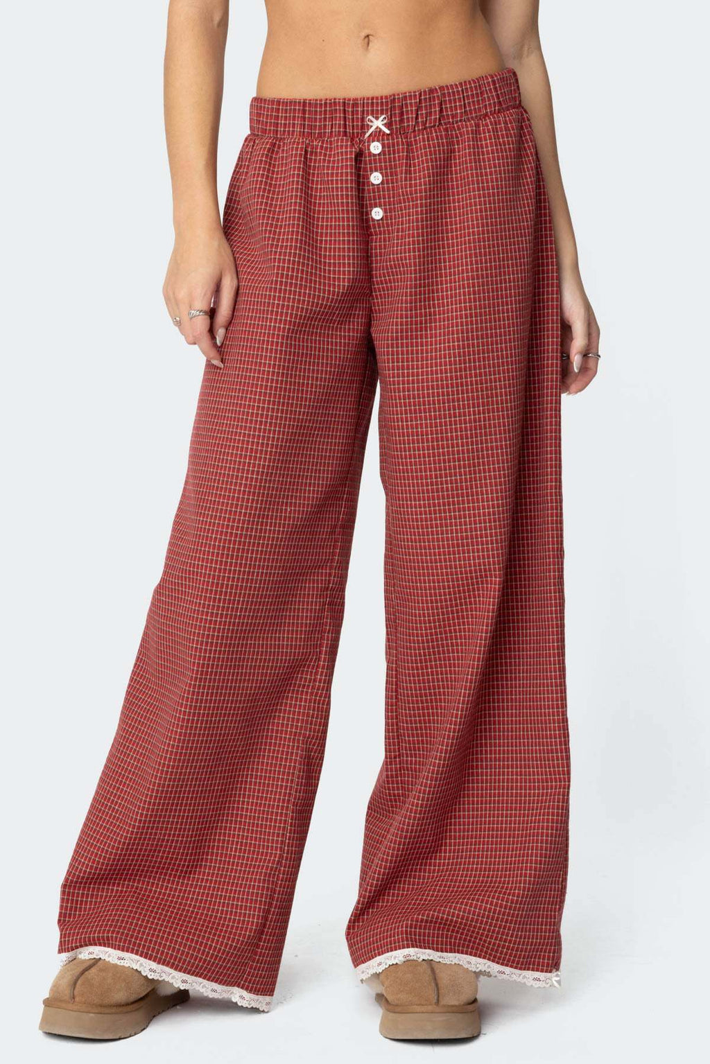 Lace Hem Wide Leg Gingham Pants - Rust