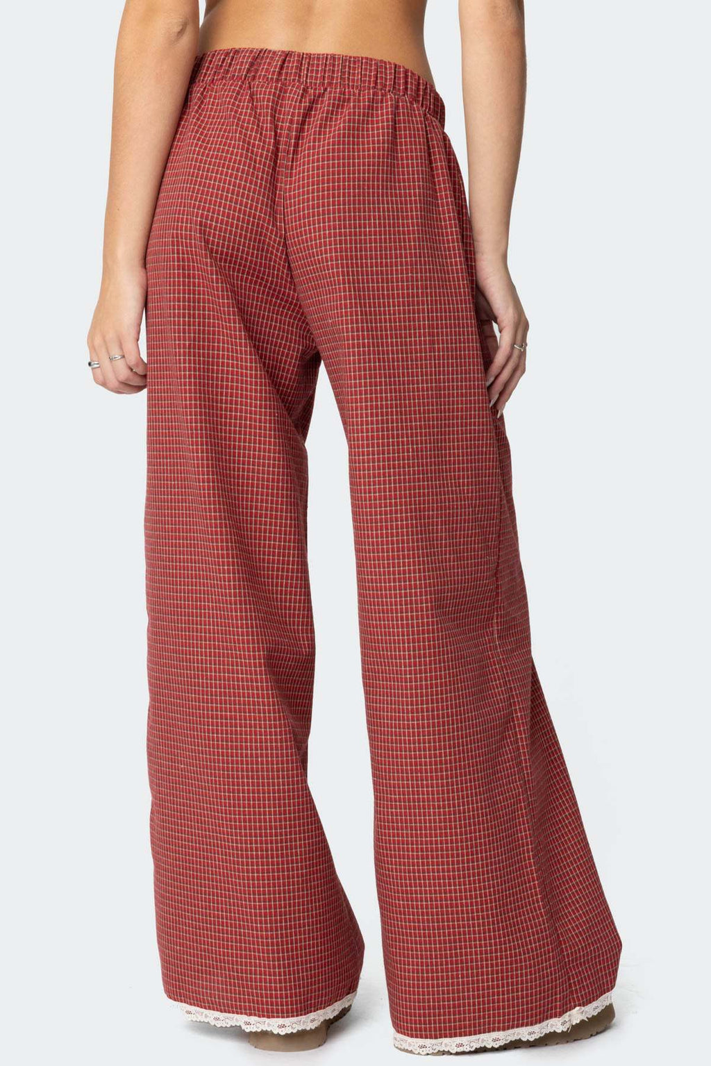 Lace Hem Wide Leg Gingham Pants - Rust - 1