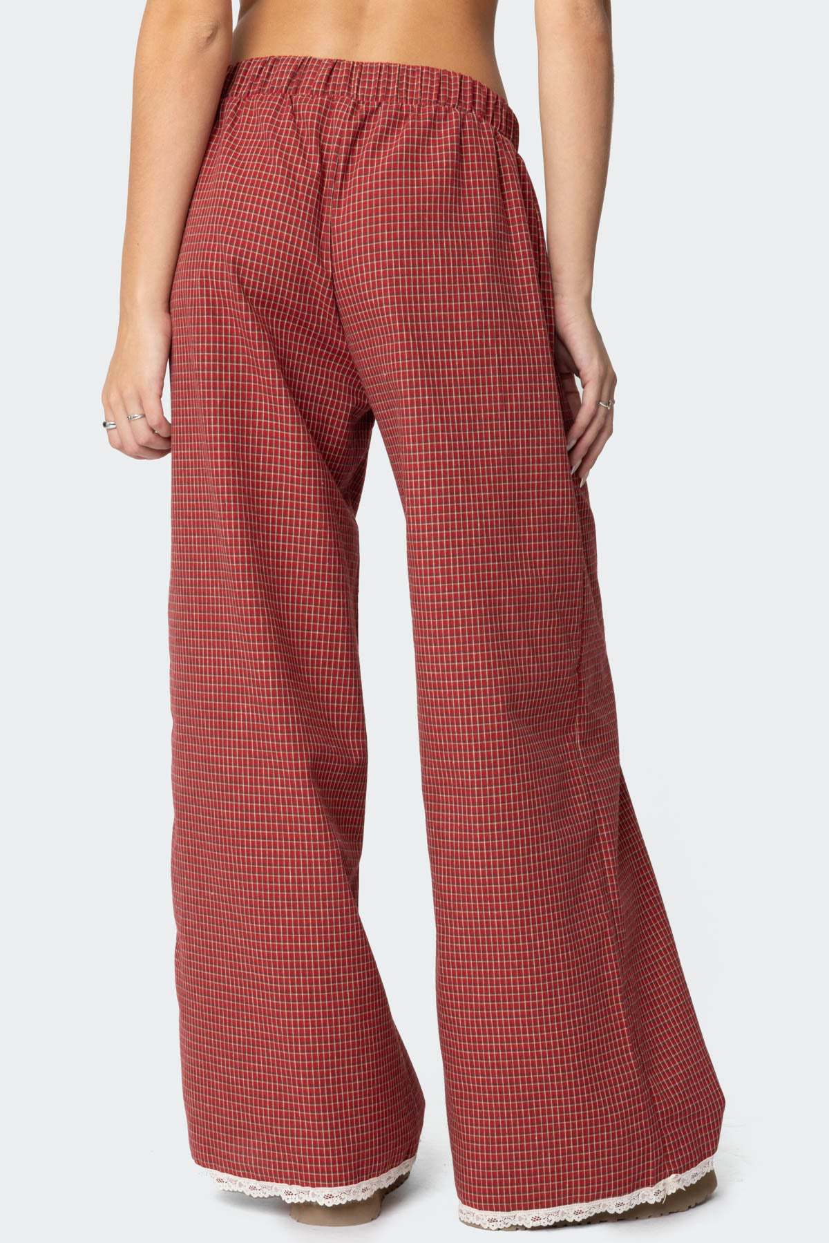 Lace Hem Wide Leg Gingham Pants - Rust - 1