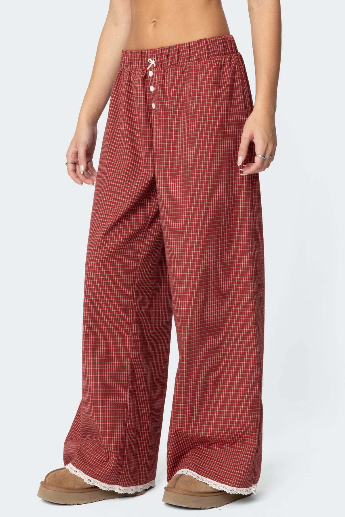 Lace Hem Wide Leg Gingham Pants - Rust - 2