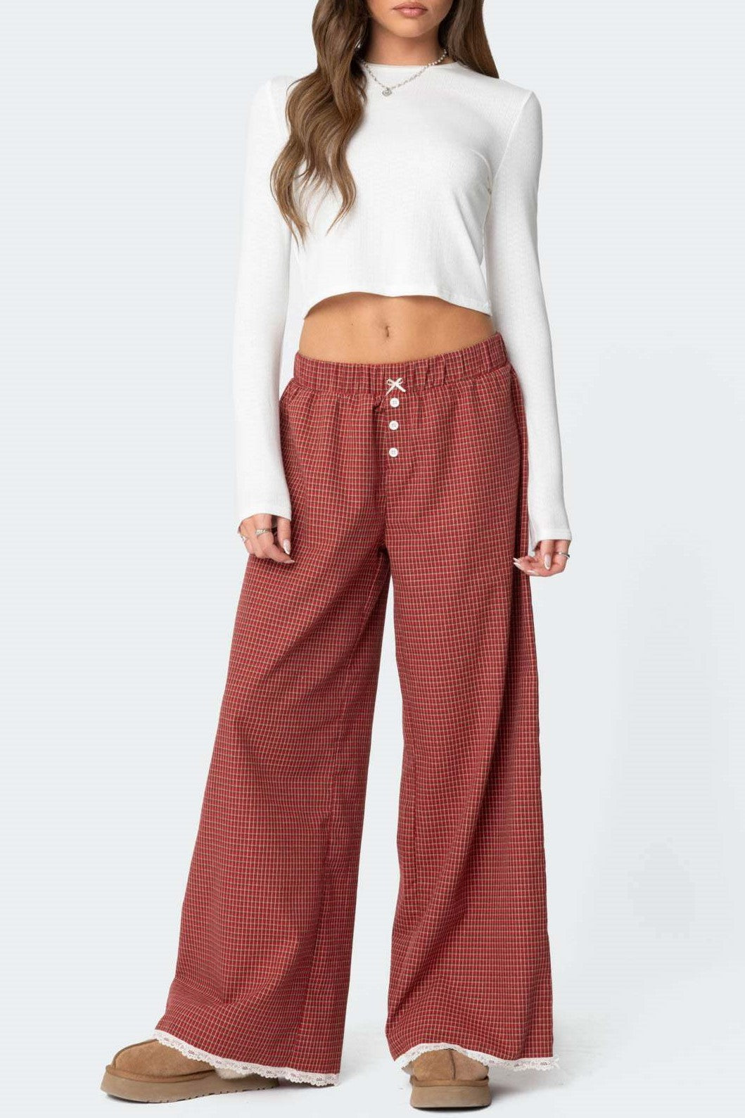 Lace Hem Wide Leg Gingham Pants - Rust - 3