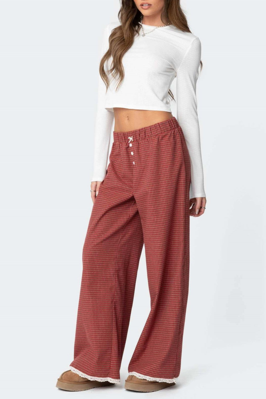Lace Hem Wide Leg Gingham Pants - Rust - 4