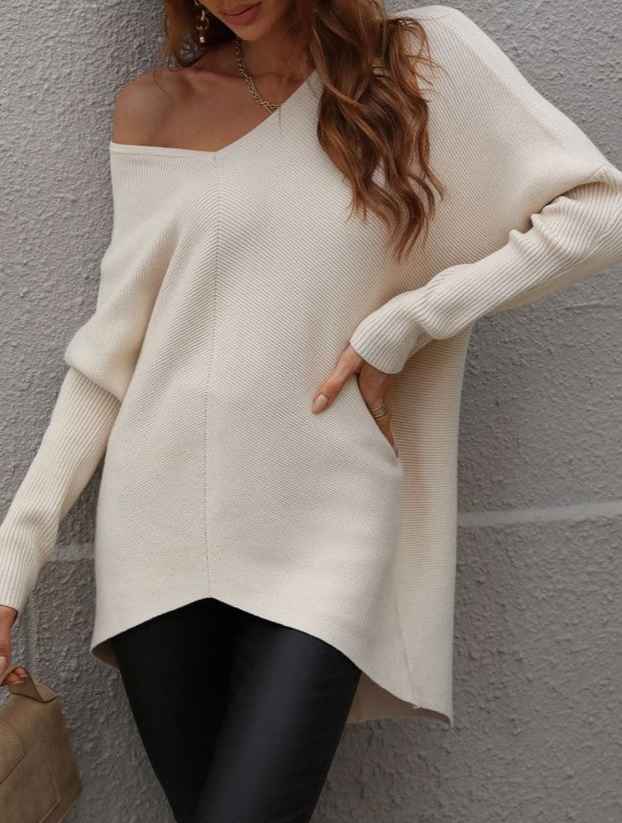 Oversized V Neck Tunic Sweater With Split Hem - Apricot
