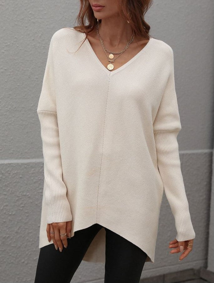 Oversized V Neck Tunic Sweater With Split Hem - Apricot - 2
