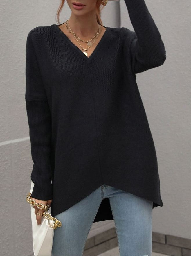 Oversized V Neck Tunic Sweater With Split Hem - Black