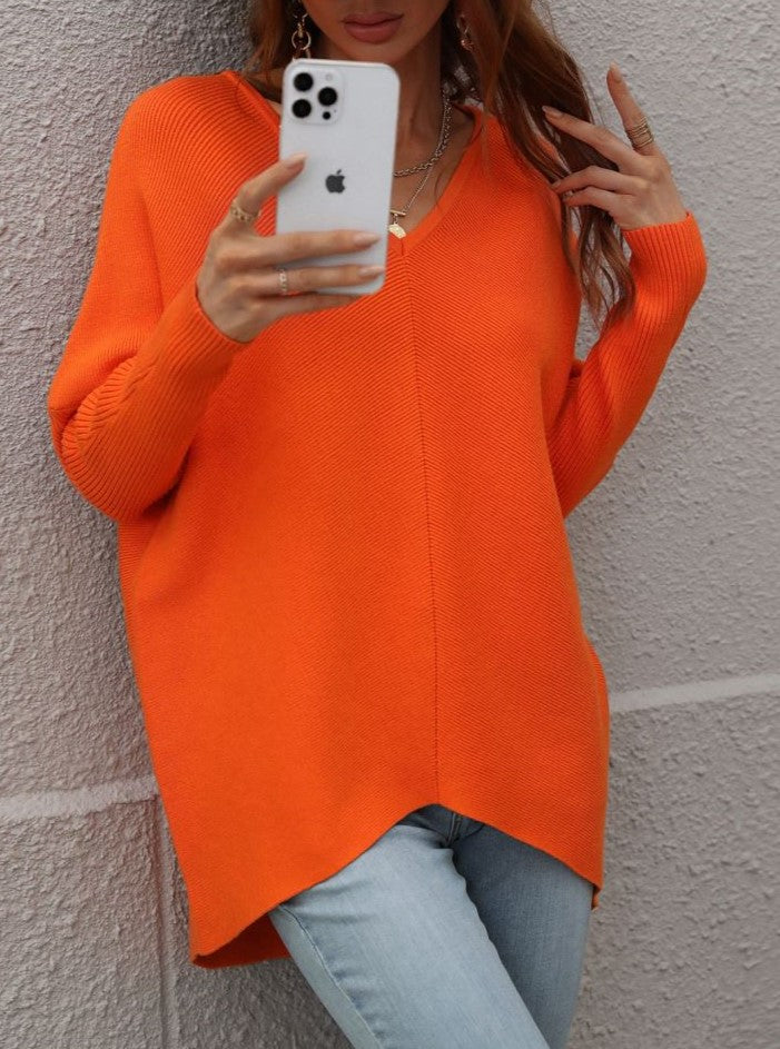 Oversized V Neck Tunic Sweater With Split Hem - Orange