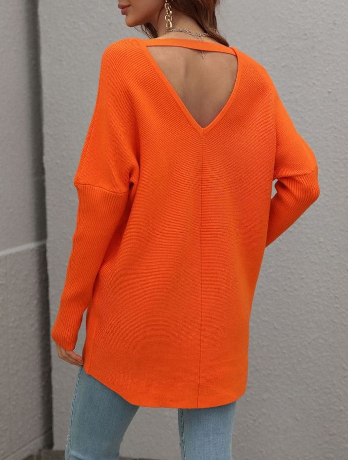 Oversized V Neck Tunic Sweater With Split Hem - Orange - 1