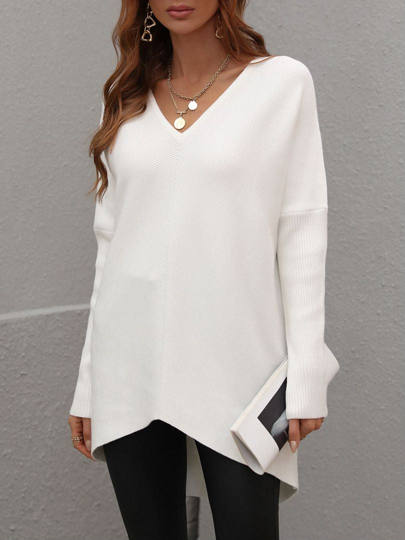 Oversized V Neck Tunic Sweater With Split Hem - White
