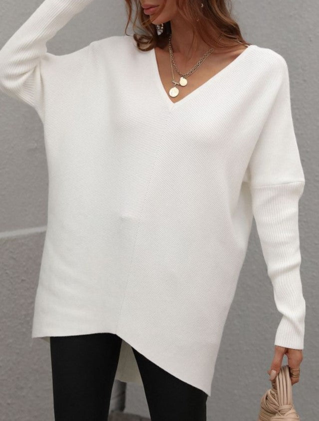 Oversized V Neck Tunic Sweater With Split Hem - White - 1