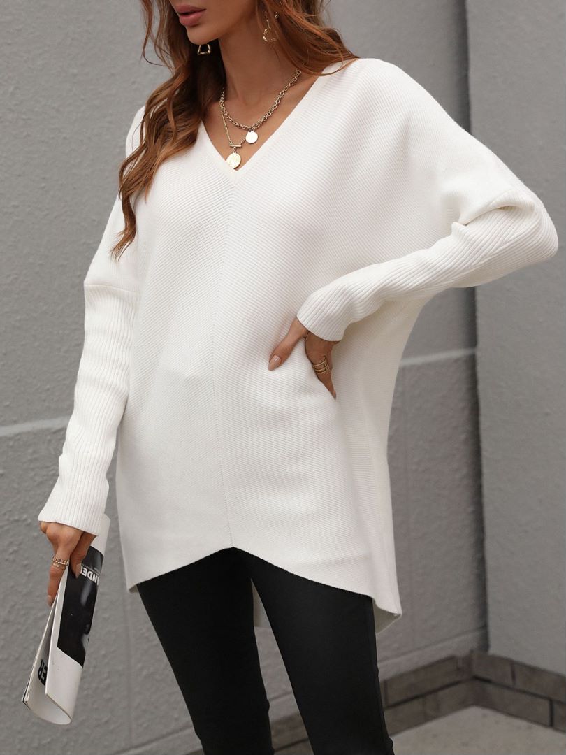 Oversized V Neck Tunic Sweater With Split Hem - White - 2