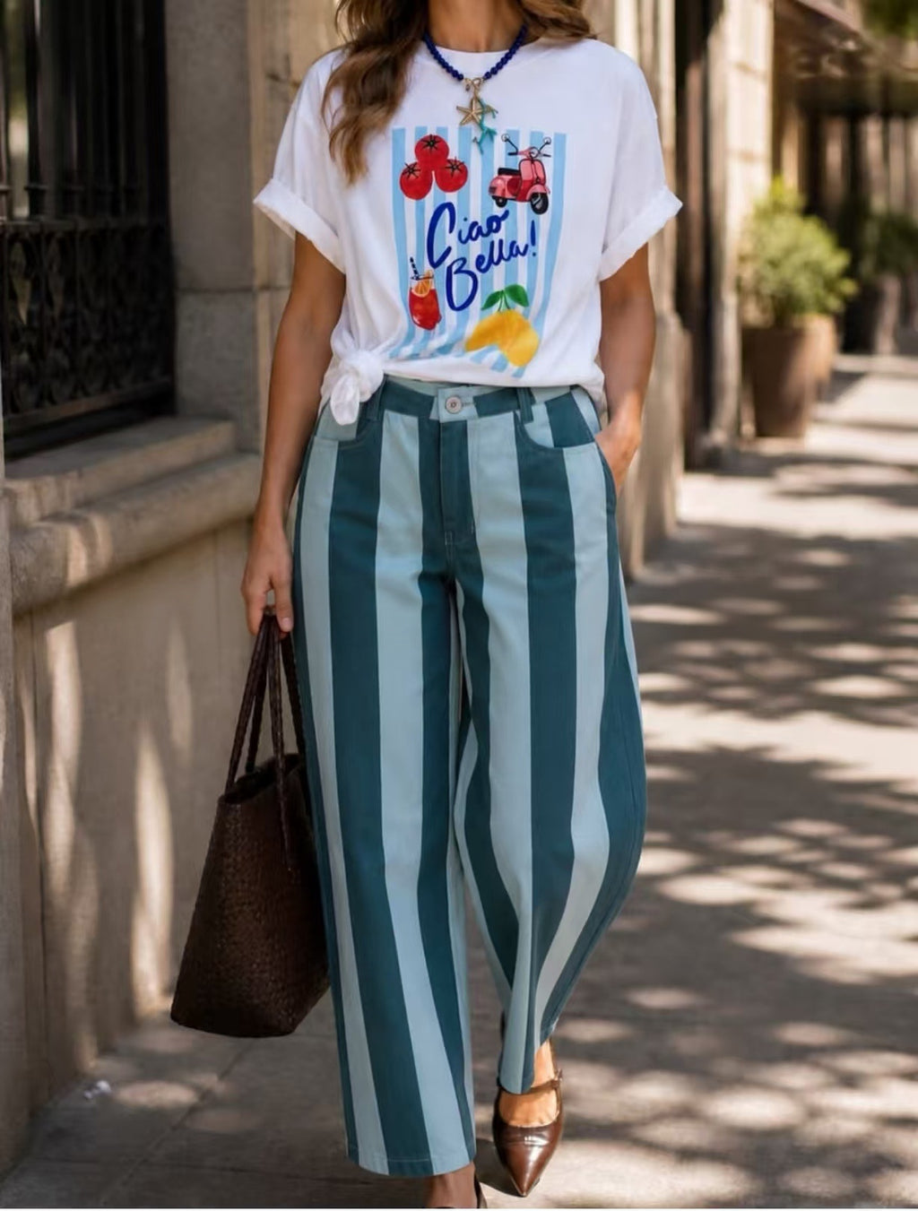 Vertical Stripe High Rise Barrel Leg Trousers - Blue