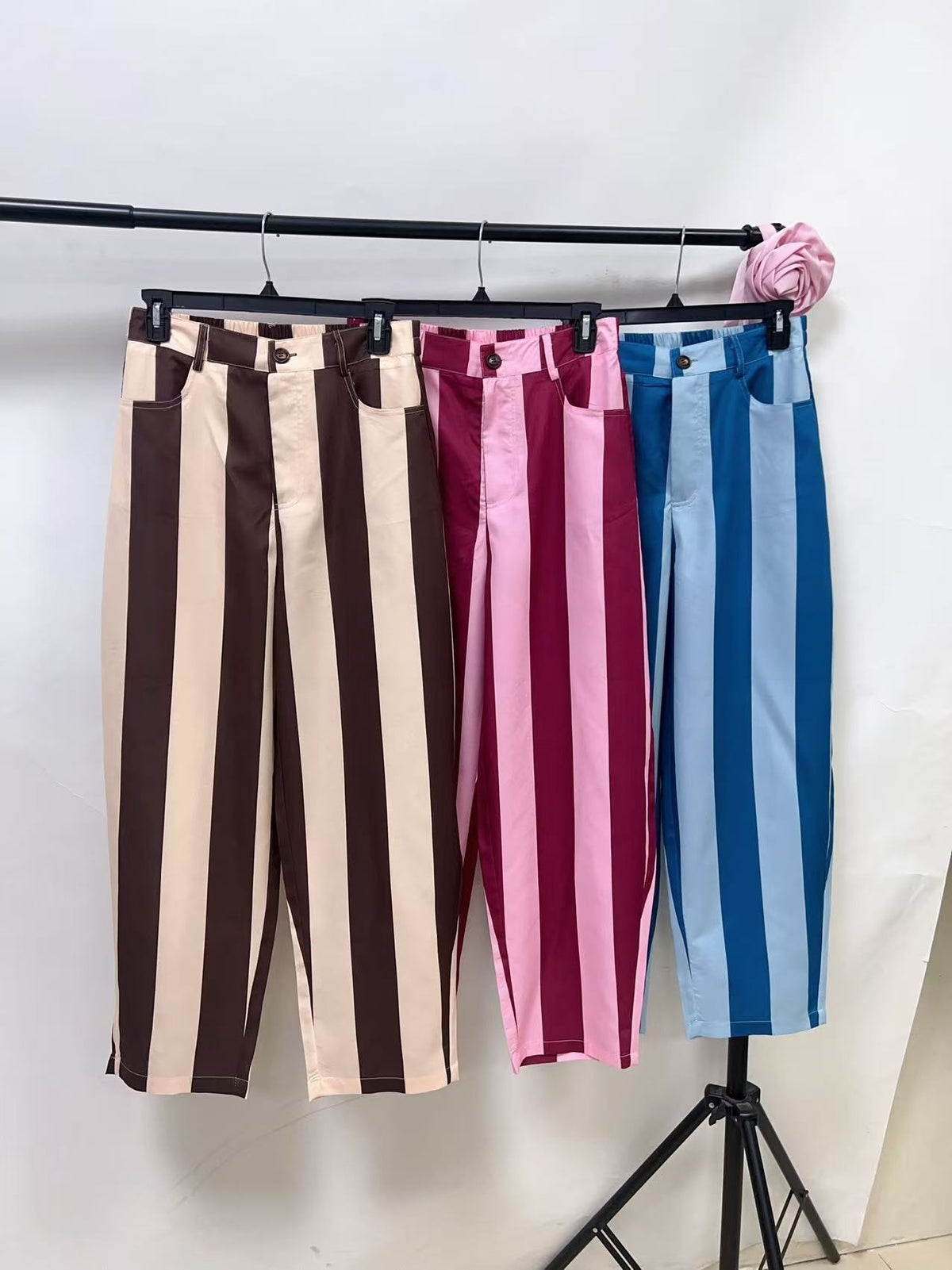 Vertical Stripe High Rise Barrel Leg Trousers