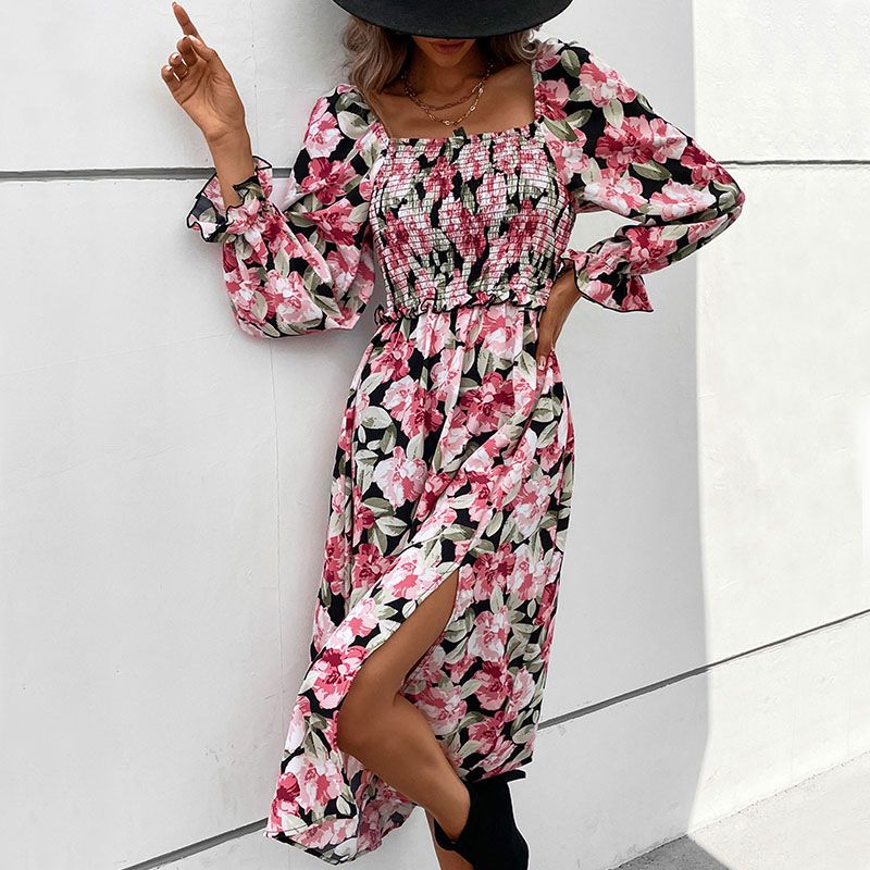 Floral Square Neck Shirred Waist Midi Dress - Pink - 3