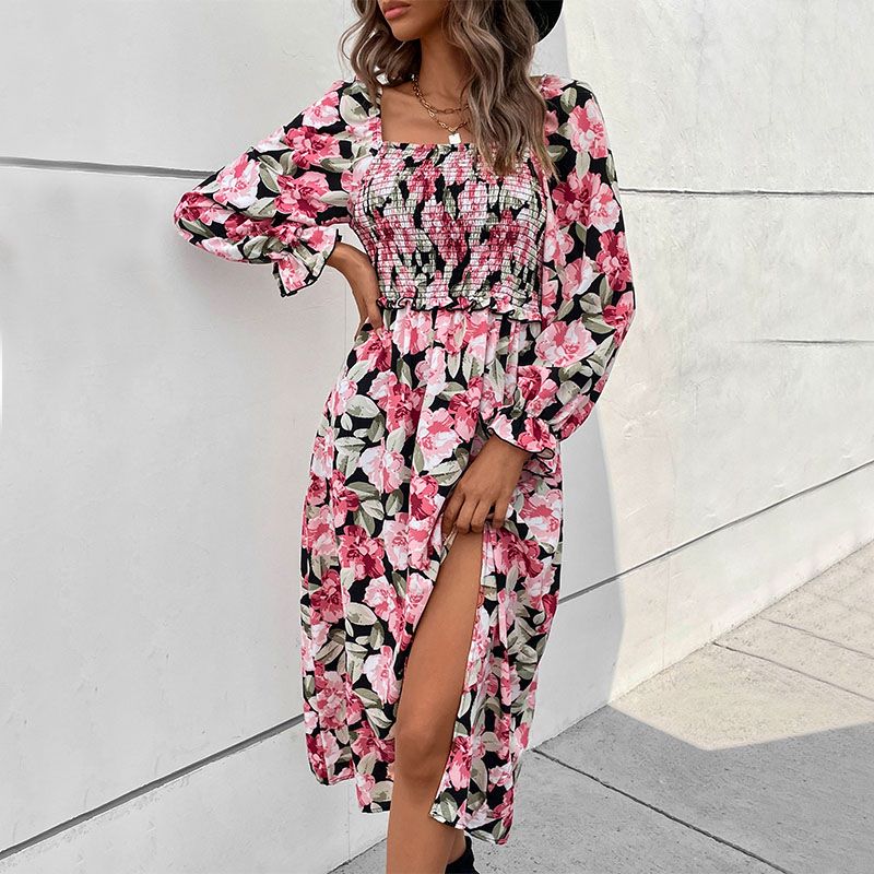 Floral Square Neck Shirred Waist Midi Dress - Pink - 4